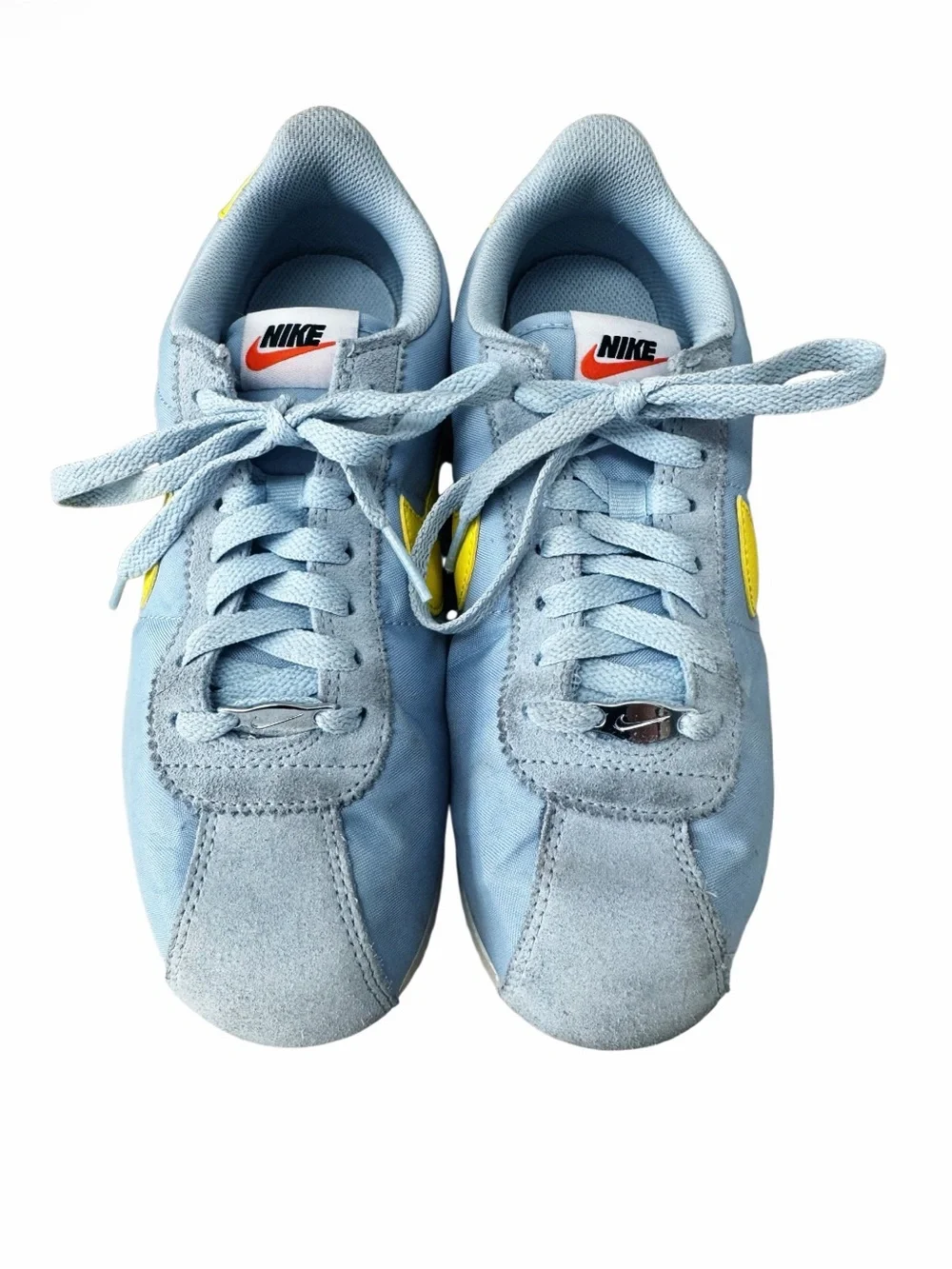 Nike Cortez Textile sneakers, light blue upper with yellow Swoosh Size 7.5